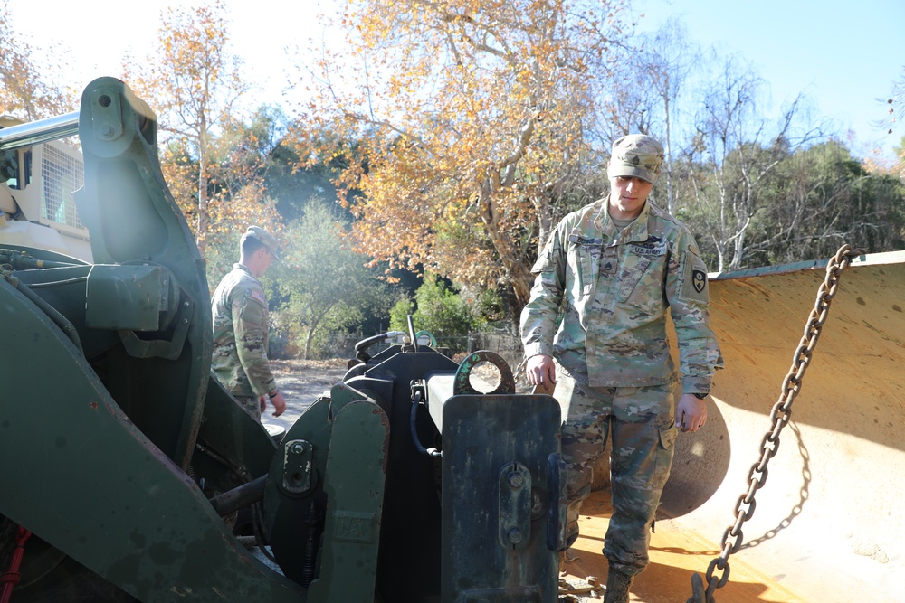 649th Engineer Company prepares equipment at the Sierra Madre Debris Basin