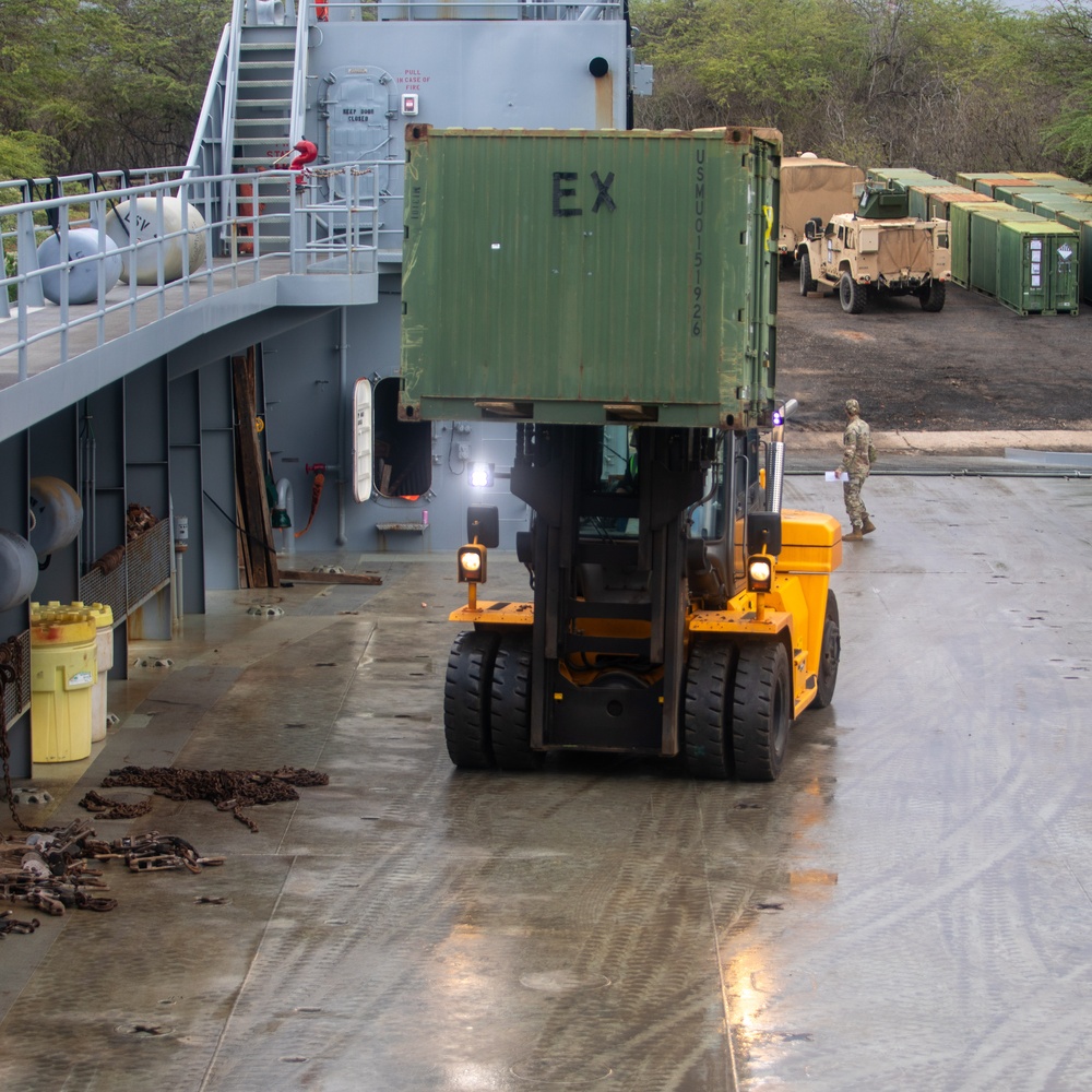 US Army Mariners load US Marines' gear onto LSV 4 for Big Island Combat Readiness Evaluation