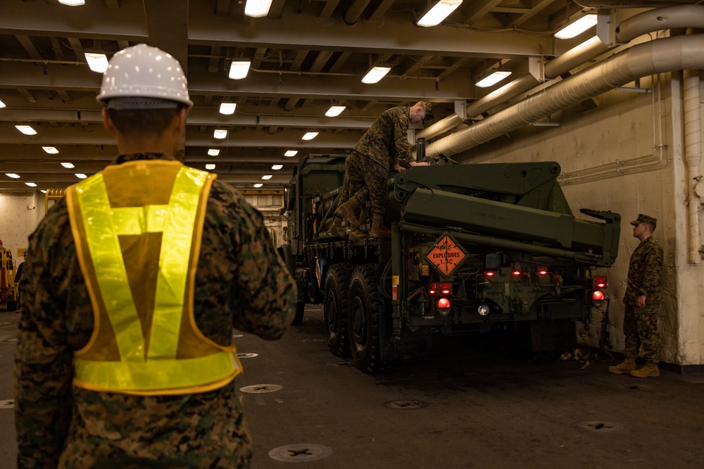 31st MEU | HIMARS Ammunition onload USS San Diego (LPD 22)