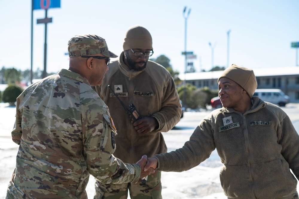 State Command Sgt. Maj. Norris K. McCall visits soldiers responding to Winter Storm Enzo