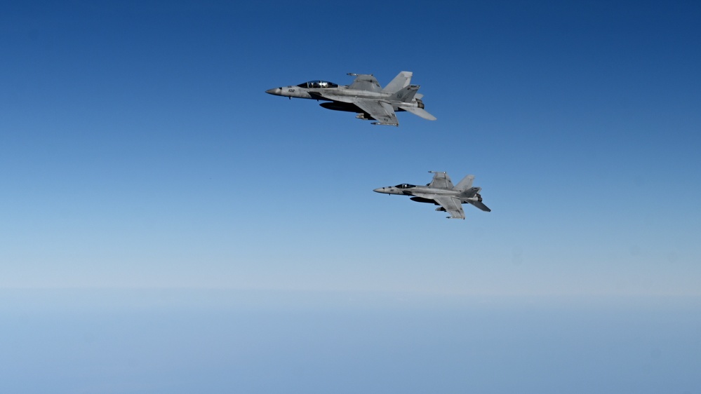 Navy F/A-18 Super Hornets conduct operations over the Red Sea