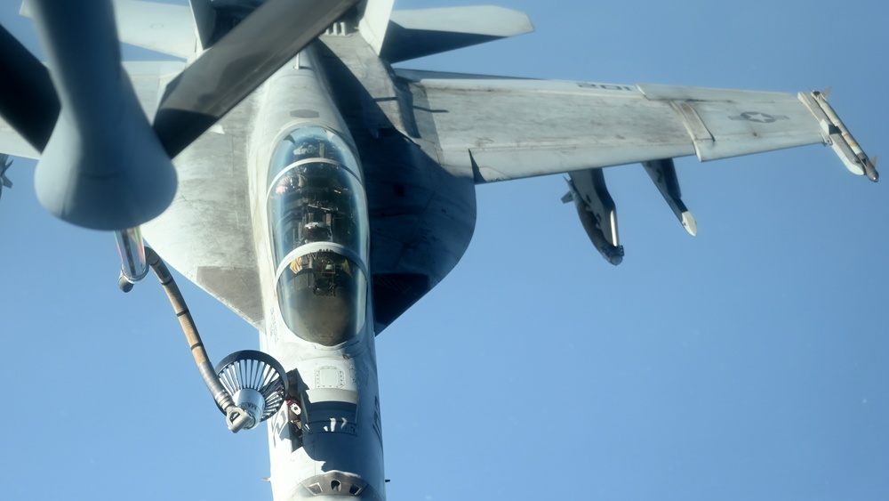 Navy F/A-18 Super Hornets conduct operations over the Red Sea