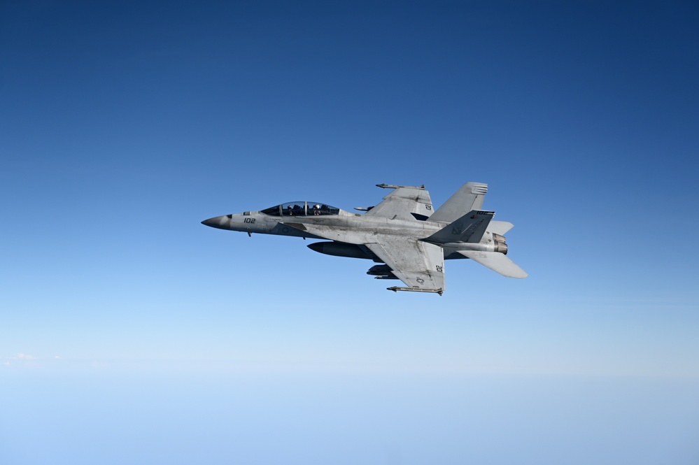 Navy F/A-18 Super Hornets conduct operations over the Red Sea