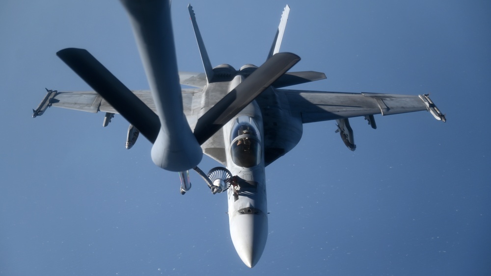 Navy F/A-18 Super Hornets conduct operations over the Red Sea