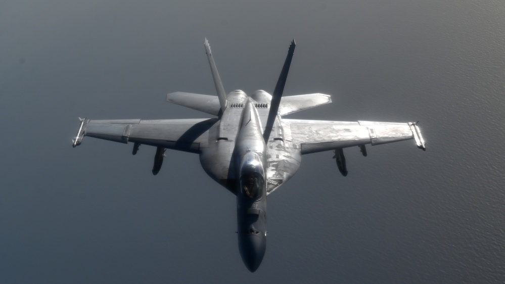 Navy F/A-18 Super Hornets conduct operations over the Red Sea