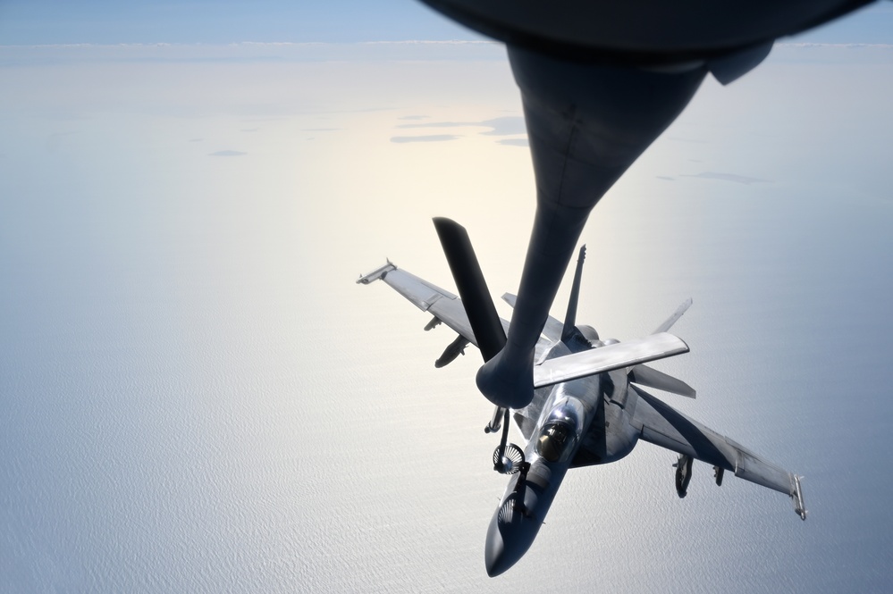Navy F/A-18 Super Hornets conduct operations over the Red Sea