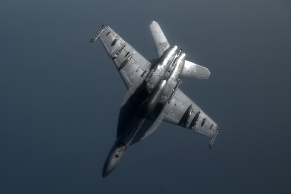 Navy F/A-18 Super Hornets conduct operations over the Red Sea
