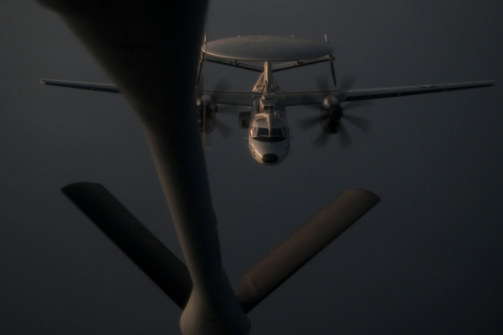 Navy F/A-18 Super Hornets conduct operations over the Red Sea