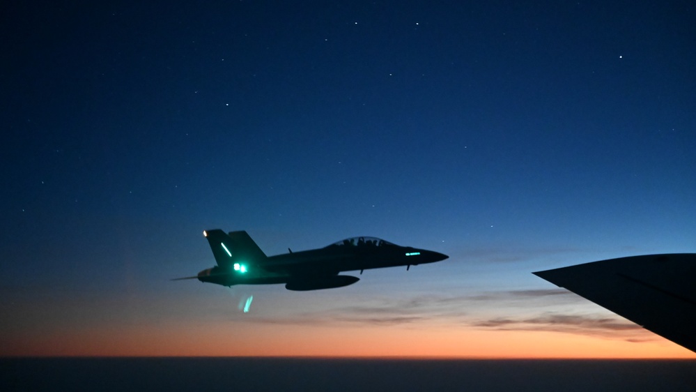 Navy F/A-18 Super Hornets conduct operations over the Red Sea