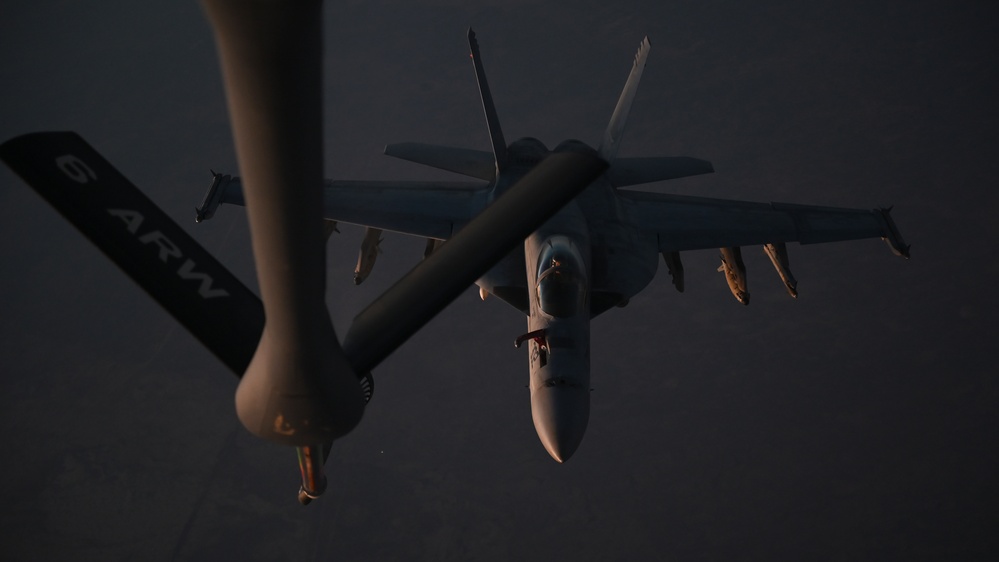 Navy F/A-18 Super Hornets conduct operations over the Red Sea