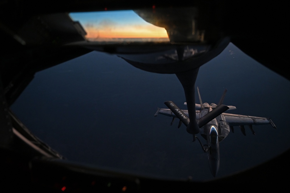 Navy F/A-18 Super Hornets conduct operations over the Red Sea