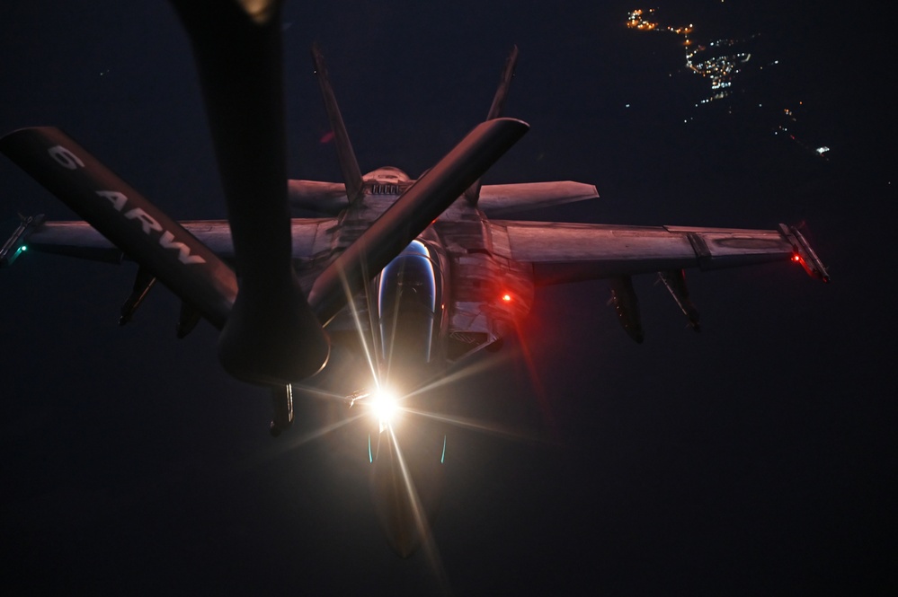 Navy F/A-18 Super Hornets conduct operations over the Red Sea