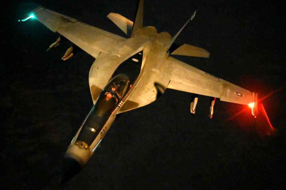Navy F/A-18 Super Hornets conduct operations over the Red Sea