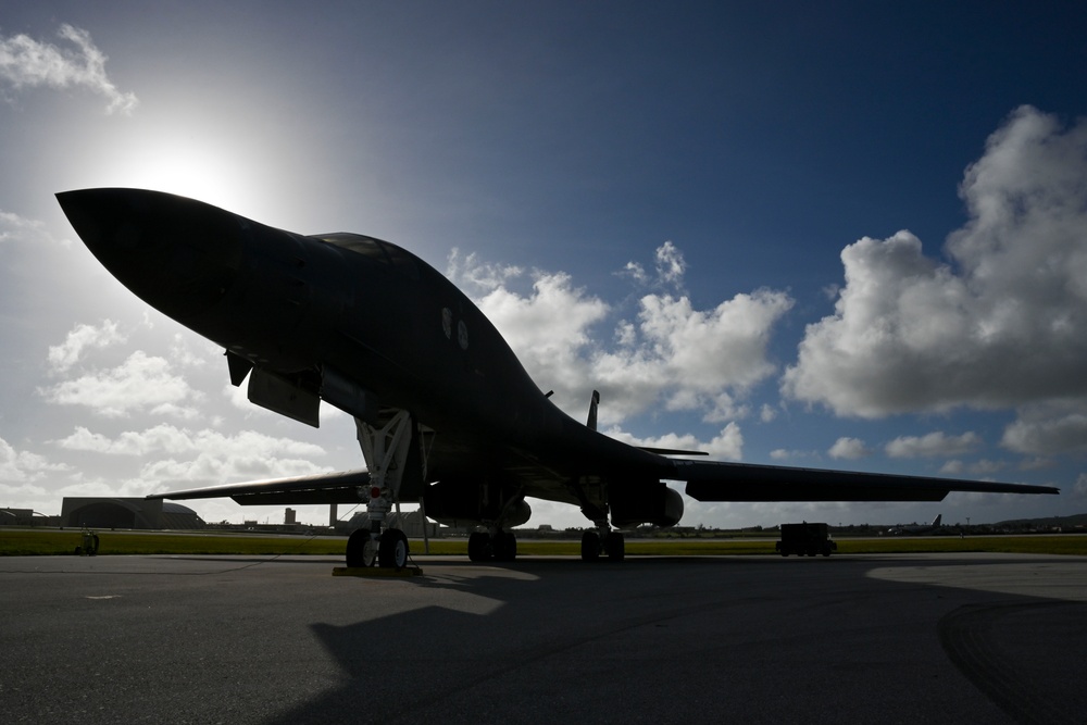 34th Expeditionary Bomb Squadron B-1B Lancers take off at Andersen Air Force Base during BTF 25-1