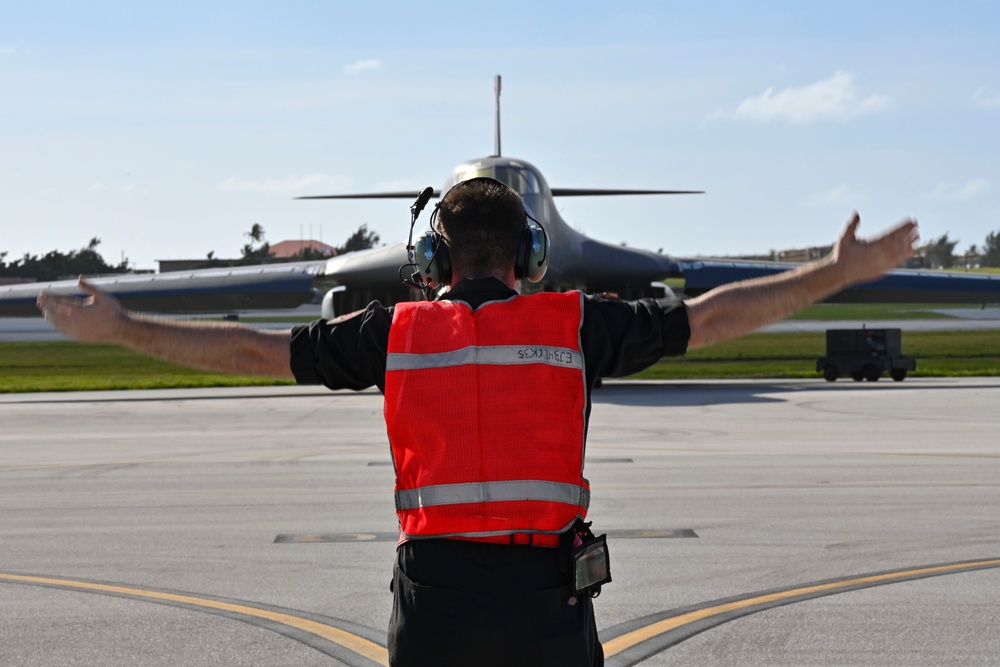 34th Expeditionary Bomb Squadron B-1B Lancers take off at Andersen Air Force Base during BTF 25-1