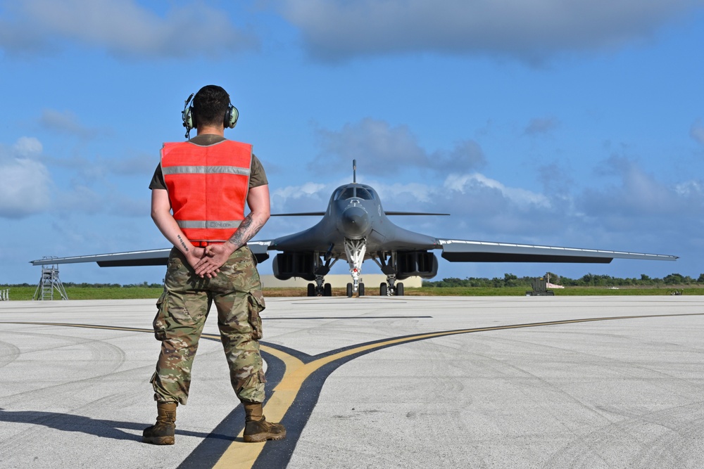 34th Expeditionary Bomb Squadron B-1B Lancers take off at Andersen Air Force Base during BTF 25-1