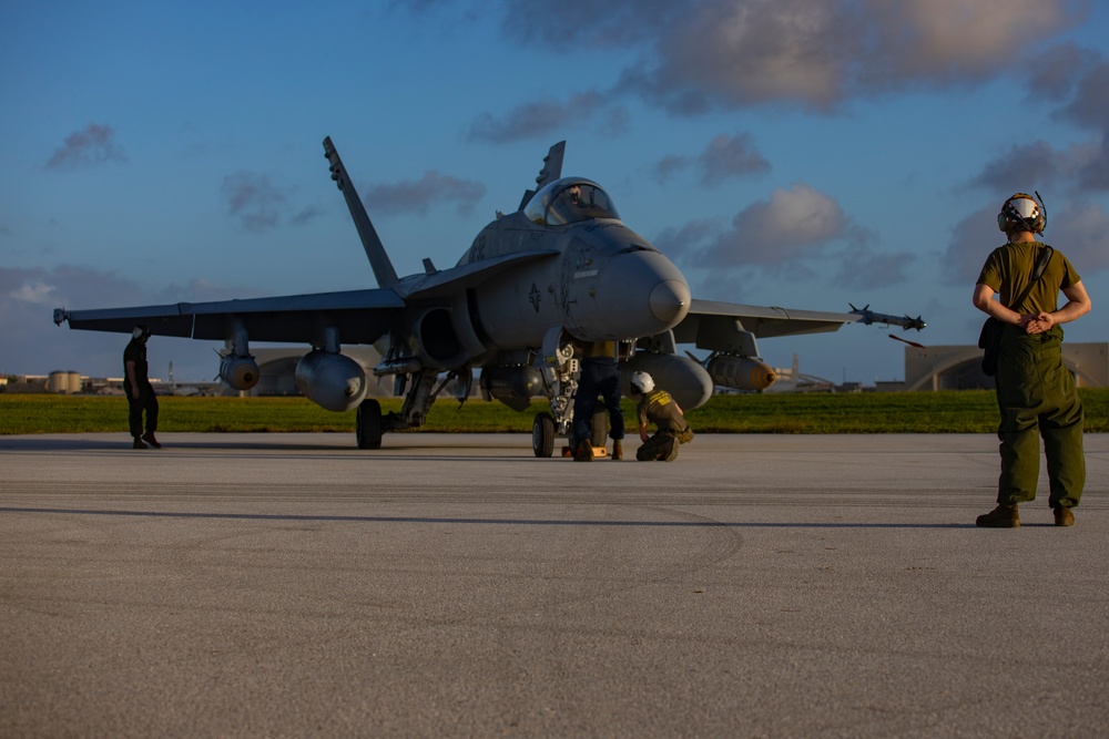 Marine F/A-18s fly armed at Andersen Air Force Base, Guam