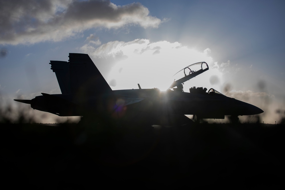 Marine F/A-18s fly armed at Andersen Air Force Base, Guam