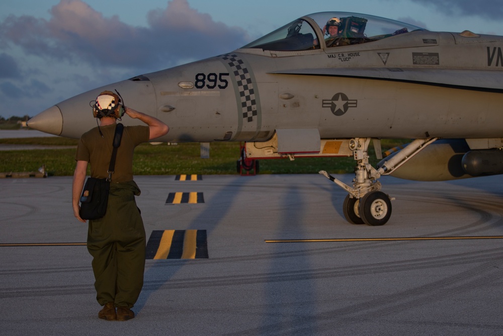 Marine F/A-18s fly armed at Andersen Air Force Base, Guam