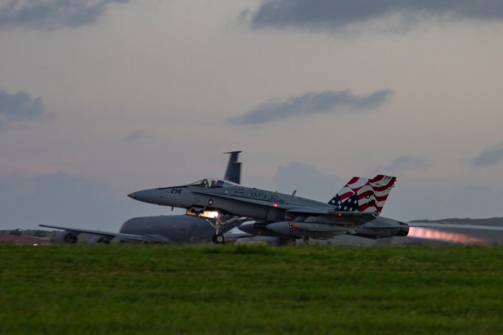 Marine F/A-18s fly armed at Andersen Air Force Base, Guam