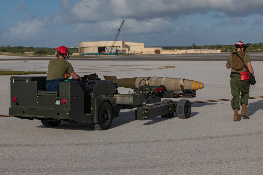 U.S. Marines transport and ready ordnance at Andersen Air Force Base, Guam