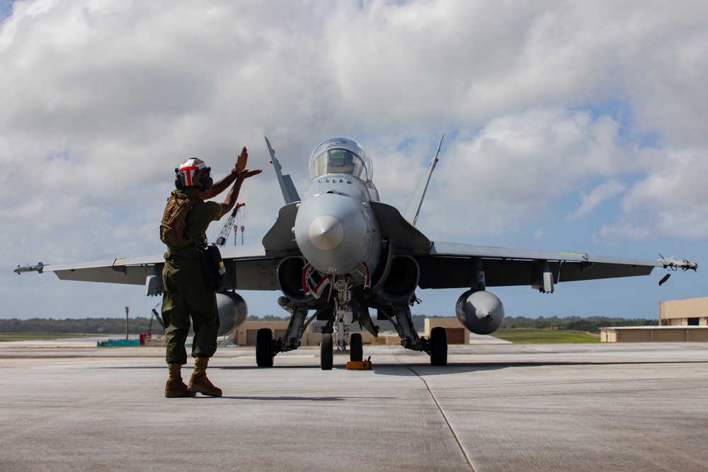 Marine F/A-18s take flight at Andersen Air Force Base, Guam