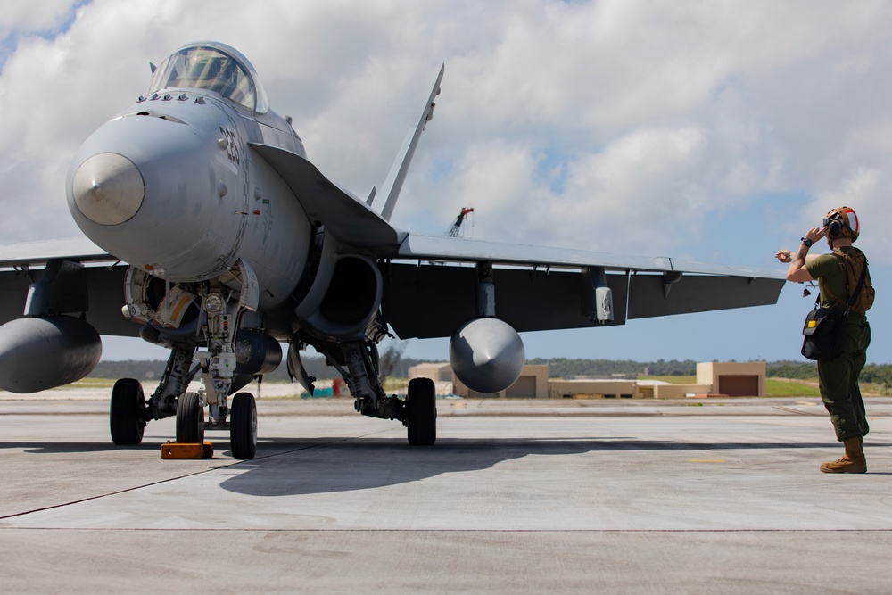 Marine F/A-18s take flight at Andersen Air Force Base, Guam