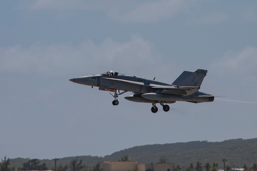 Marine F/A-18s take flight at Andersen Air Force Base, Guam