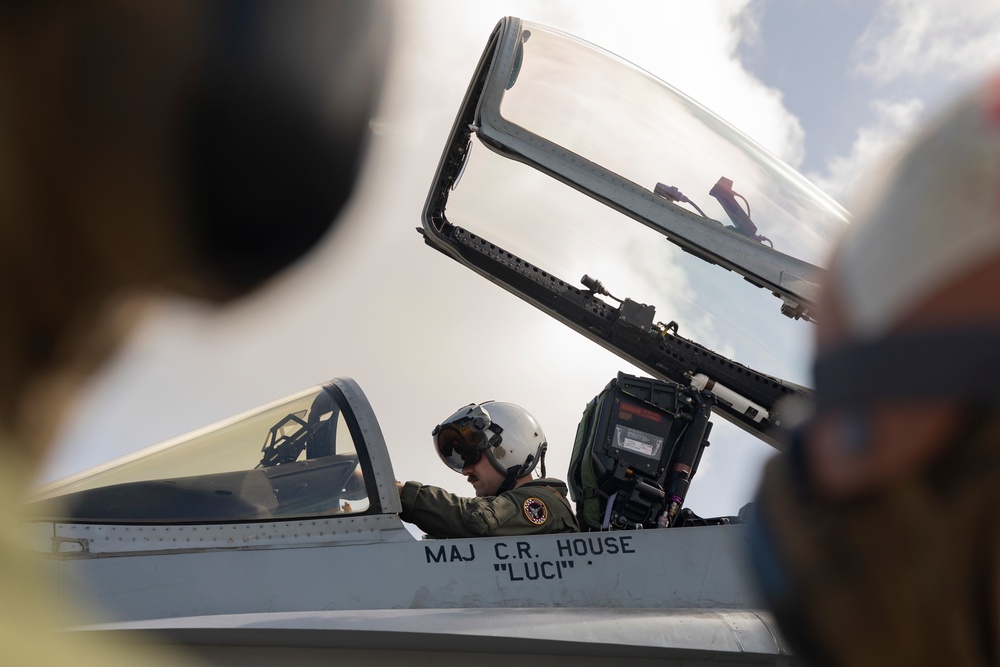 Marine F/A-18s take flight at Andersen Air Force Base, Guam