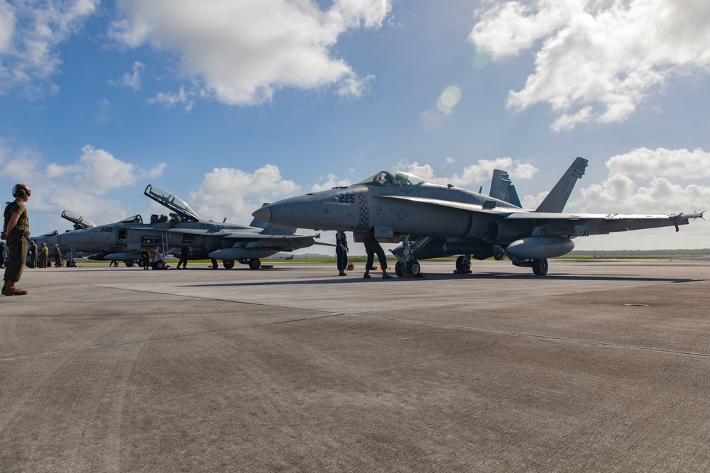 Marine F/A-18s take flight at Andersen Air Force Base, Guam