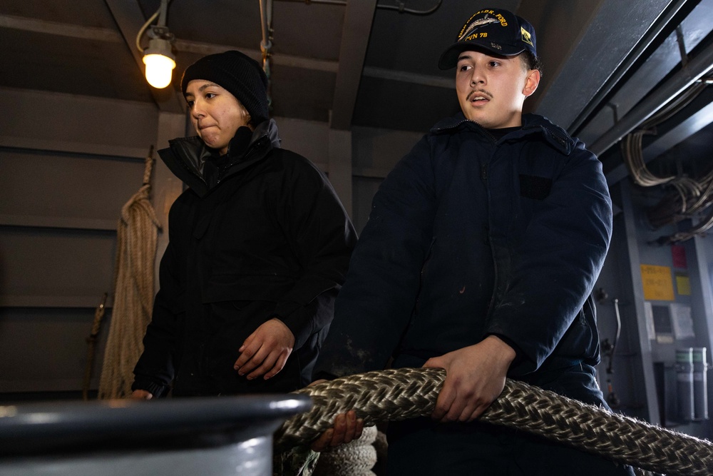 USS Gerald R. Ford (CVN 78) Sailors conduct sea and anchor evolution