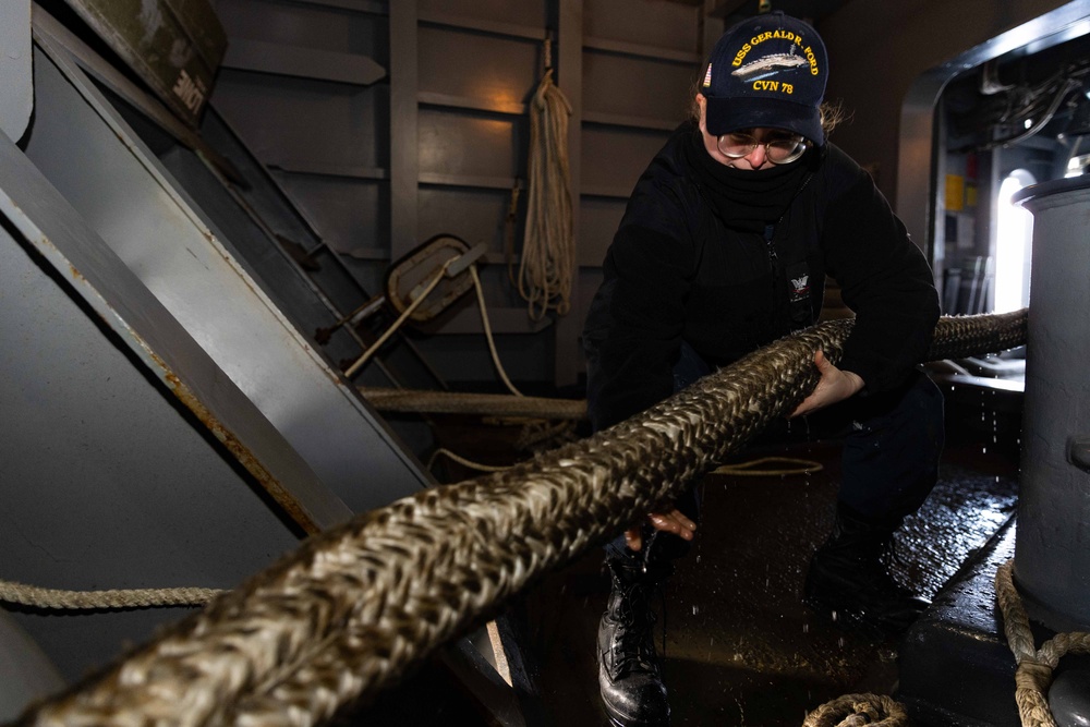 USS Gerald R. Ford (CVN 78) Sailors conduct sea and anchor evolution