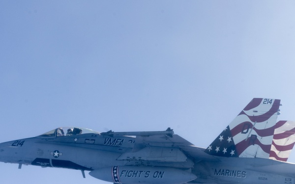 Marine F/A-18s fly over the Pacific
