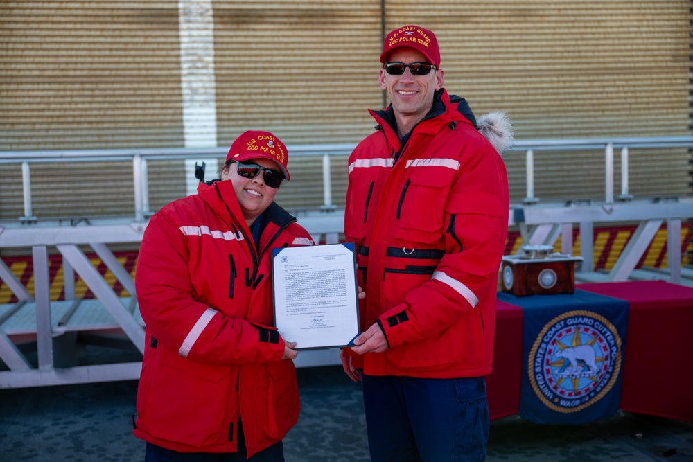 USCGC Polar Star (WAGB 10) presents Antarctica Service Medals in the Ross Sea during Operation Deep Freeze