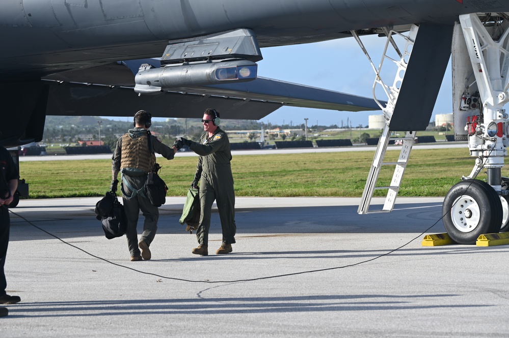 34th Expeditionary Bomb Squadron B-1B Lancers take off at Andersen Air Force Base during BTF 25-1