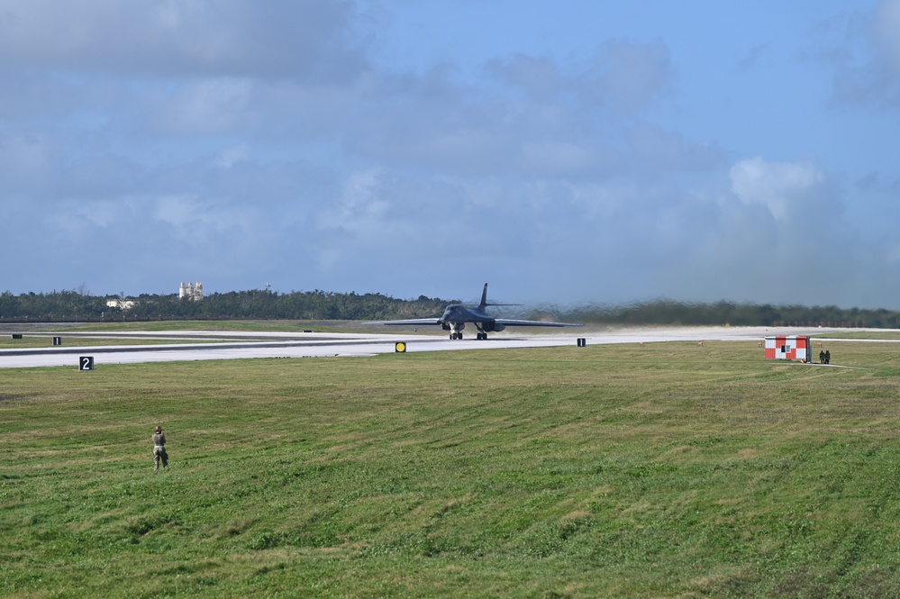 34th Expeditionary Bomb Squadron B-1B Lancers take off at Andersen Air Force Base during BTF 25-1