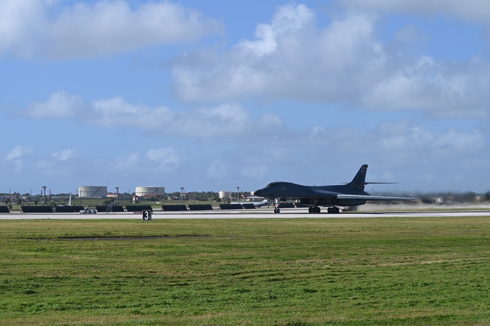 A 34th Expeditionary Bomb Squadron B-1B Lancers takes off at Andersen Air Force Base during BTF 25-1