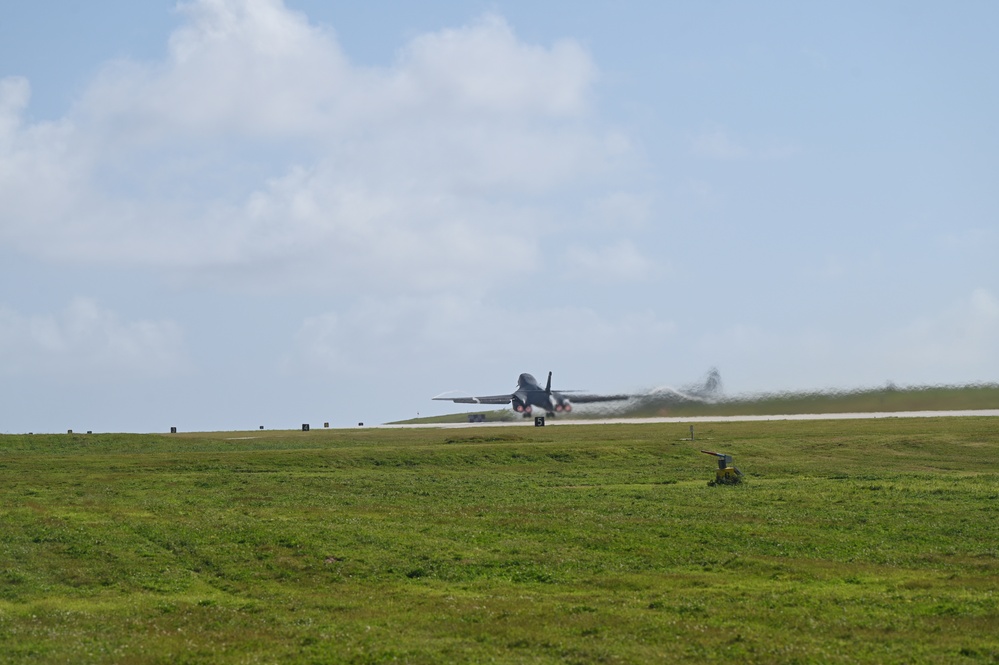 34th Expeditionary Bomb Squadron B-1B Lancers take off at Andersen Air Force Base during BTF 25-1