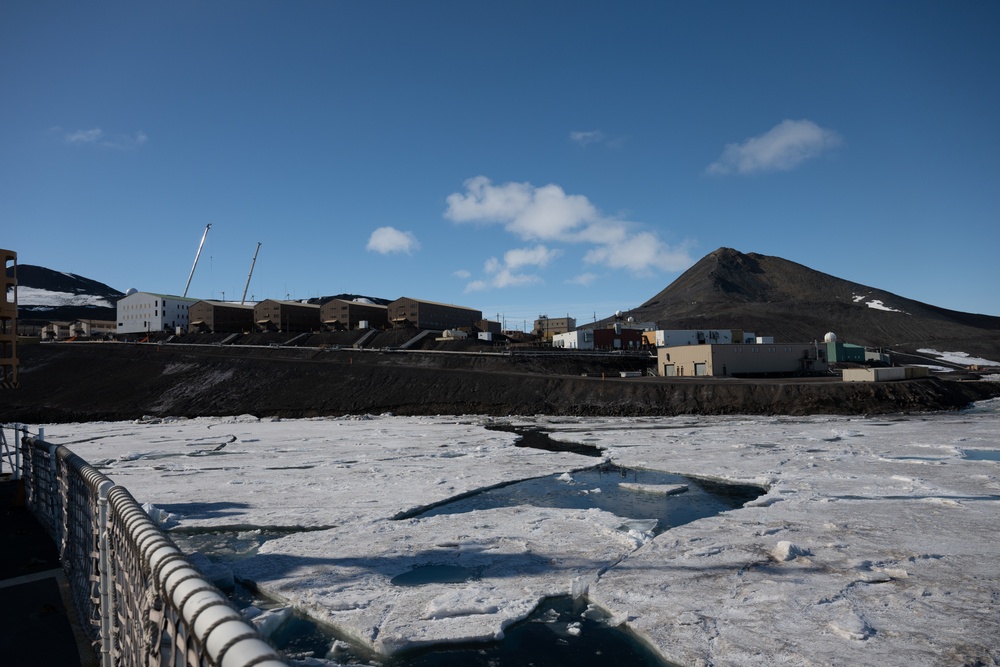 USCGC Polar Star (WAGB 10) conducts icebreaking operations in Winter Quarters Bay during Operation Deep Freeze