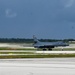 A pair of 34th Expeditionary Bomb Squadron B-1B Lancers perform dual runway takeoff at Andersen Air Force Base during BTF 25-1