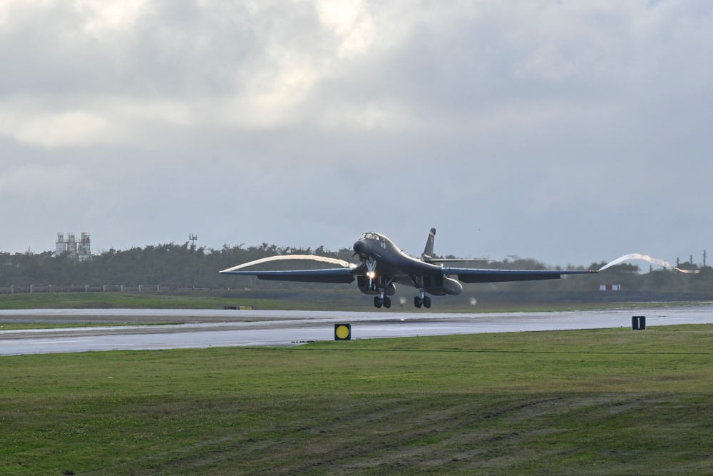 34th Expeditionary Bomb Squadron B-1B Lancers return to Andersen Air Force Base after completing a Bomber Task Force 25-1 mission