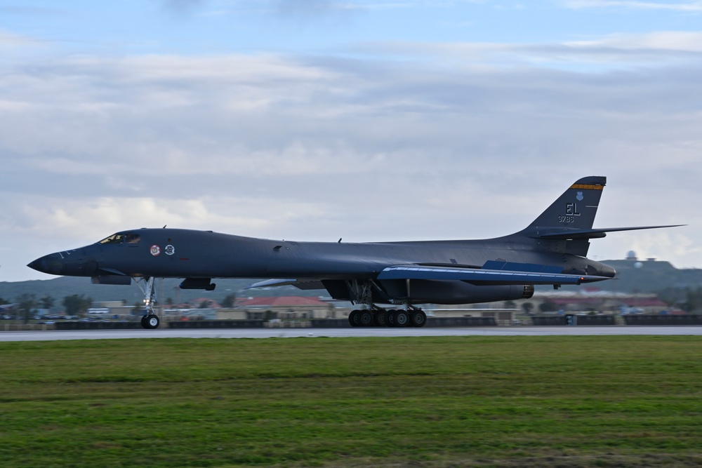 34th Expeditionary Bomb Squadron B-1B Lancers return to Andersen Air Force Base after completing a Bomber Task Force 25-1 mission