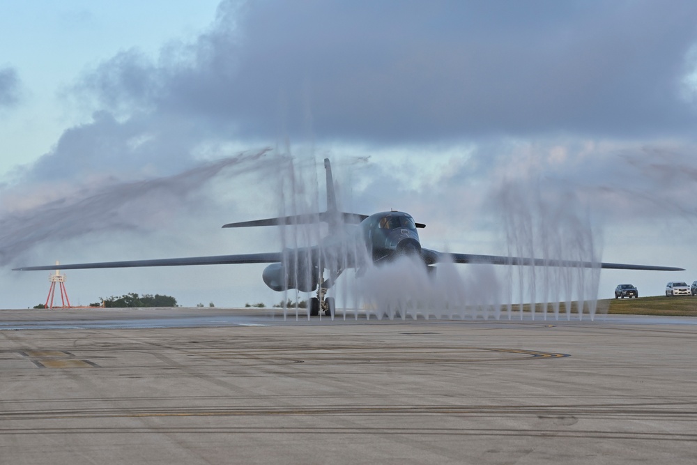 34th Expeditionary Bomb Squadron B-1B Lancers return to Andersen Air Force Base after completing a Bomber Task Force 25-1 mission