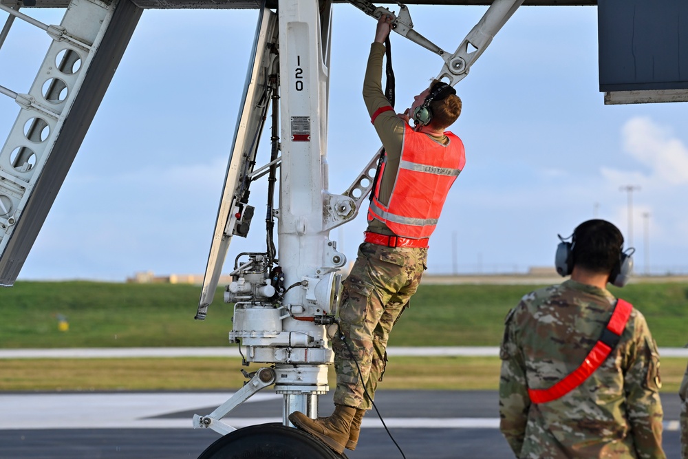 34th Expeditionary Bomb Squadron B-1B Lancers return to Andersen Air Force Base after completing a Bomber Task Force 25-1 mission