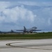 A pair of 34th Expeditionary Bomb Squadron B-1B Lancers perform dual runway takeoff at Andersen Air Force Base during BTF 25-1