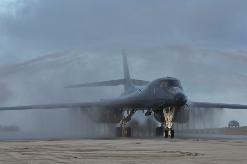 34th Expeditionary Bomb Squadron B-1B Lancers return to Andersen Air Force Base after completing a Bomber Task Force 25-1 mission