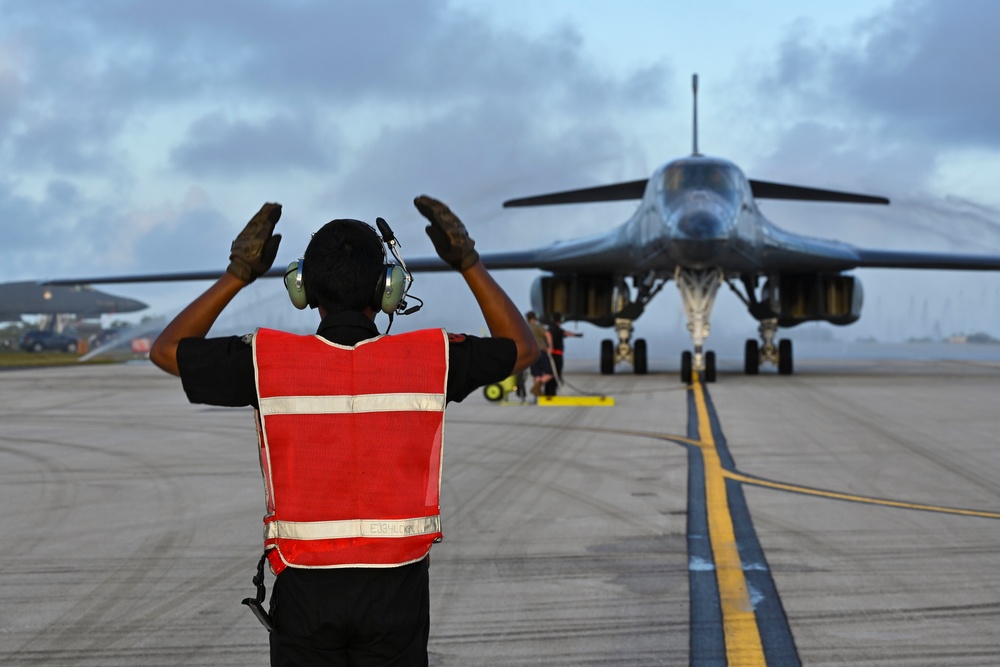 34th Expeditionary Bomb Squadron B-1B Lancers return to Andersen Air Force Base after completing a Bomber Task Force 25-1 mission