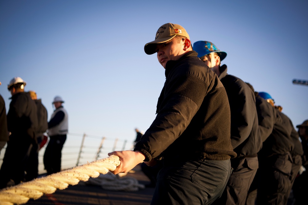 Sailors Participate In Line Handling Evolution