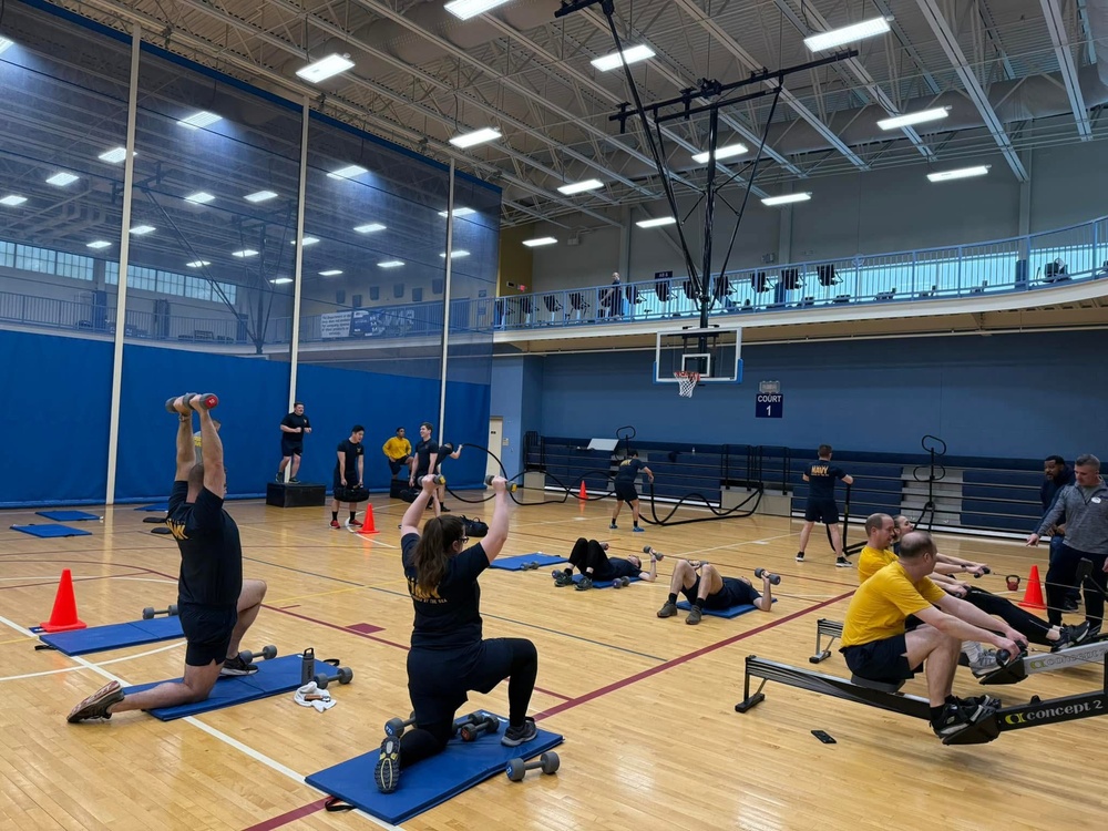 21JAN25 sailors of Navy Band Northeast participate in an All hands PT session