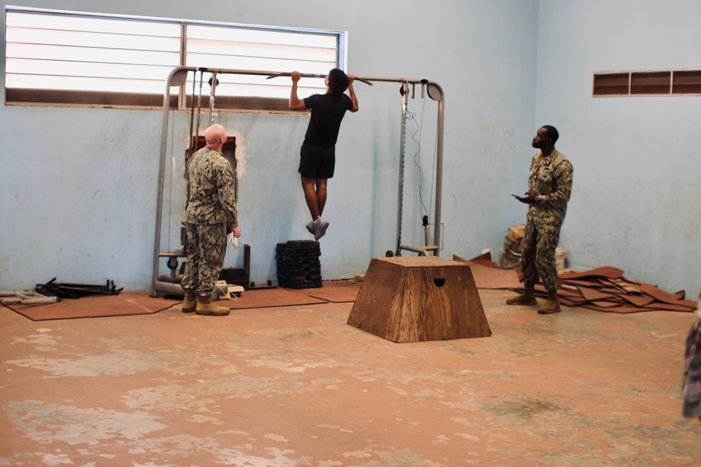 Seabees from Detail Yap joined forces with Oceania engagement team lead Major Orasio Leyva in conducting The Candidate Fitness Assessment (CFA) for local Yapese high school students.